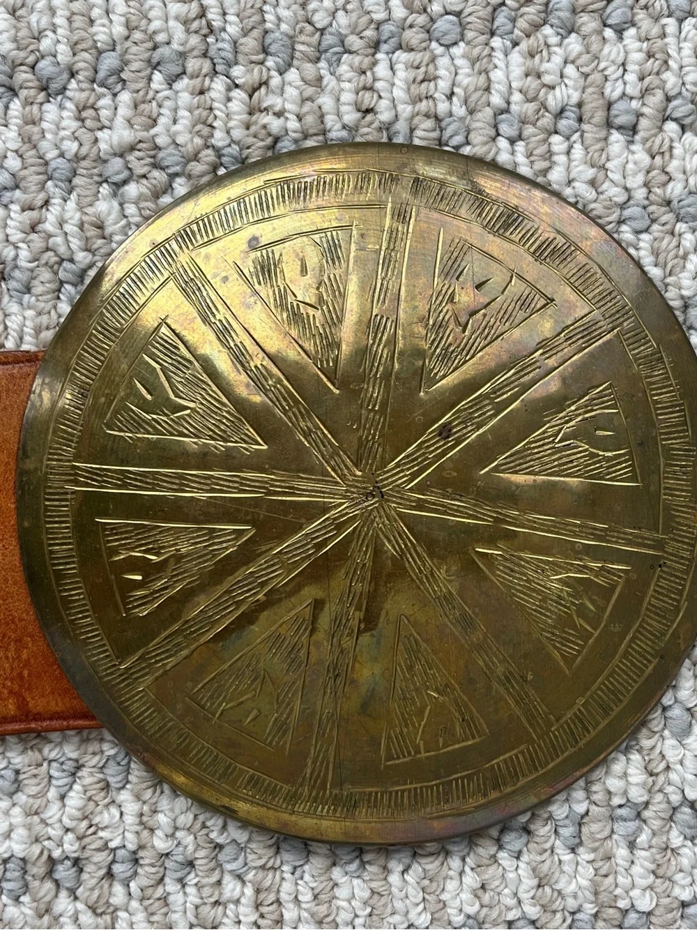 Vintage Moroccan Braided Brown Leather Belt with Large Etched Brass Buckle